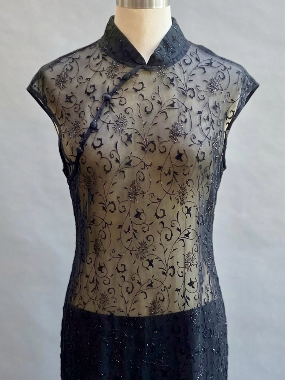 Jessica Howard Sheer Black Embossed Mandarin Cheongsam / Qipao Oriental Dress